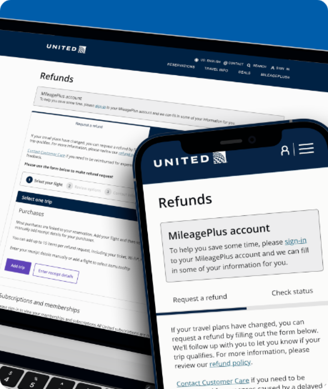 United refund portal on laptop and phone